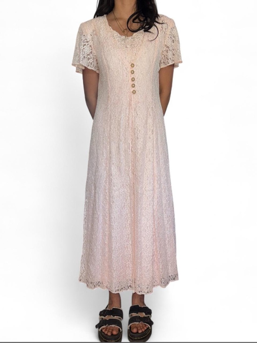Vintage pink lace maxi dress.
